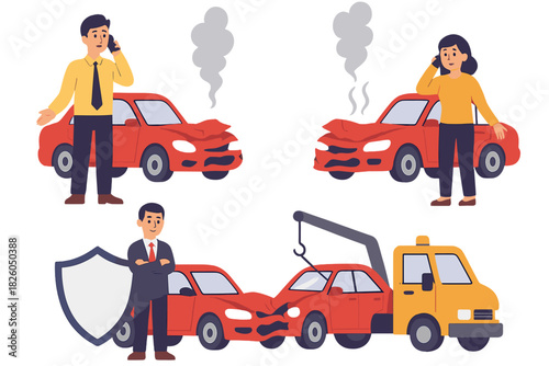 Drivers reporting damage after automobile collision with insurance agent and tow truck