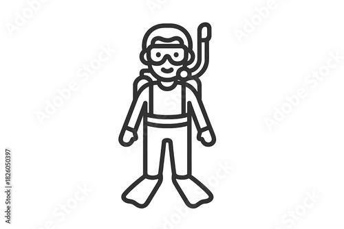 Scuba diver wearing full diving equipment and fins depicted in a simple outline