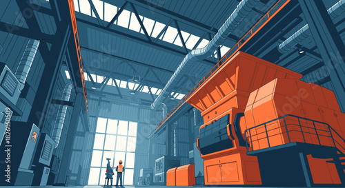 A wide-angle view captures two engineers surveying immense industrial machinery inside a modern factory, emphasizing technological advancement and manufacturing power.