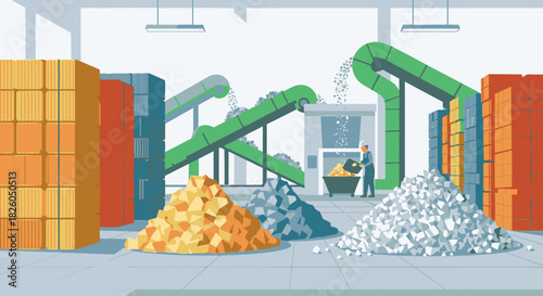 An illustration depicting a modern industrial factory interior with conveyor belts transporting raw materials for processing, featuring a worker and sorted piles.