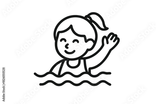 Smiling young girl waving hand while swimming in water during summer activity