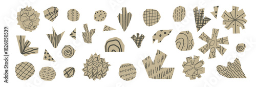 Geometric abstract collage papers cutout with hand-drawn texture. Doodle irregular rough elements. Angular scrapbook kids forms. Abstract modern craft graphic design cut outs aesthetics isolated.