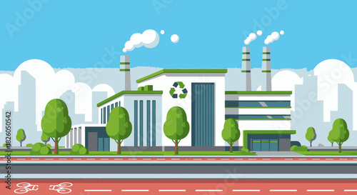 A modern, eco-friendly industrial facility with a prominent recycling symbol, surrounded by green trees and an urban skyline, represents sustainable development.