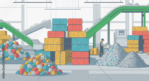 An efficient industrial facility demonstrates the vital process of sorting and recycling various materials, emphasizing sustainable waste management practices.