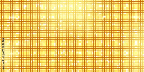 Yellow disco ball mosaic with golden mirror glitter texture background. Shiny metallic gold tones pattern. Festive fashion decoration. Glam sparkle Christmas wallpaper. Vector gradation illustration.