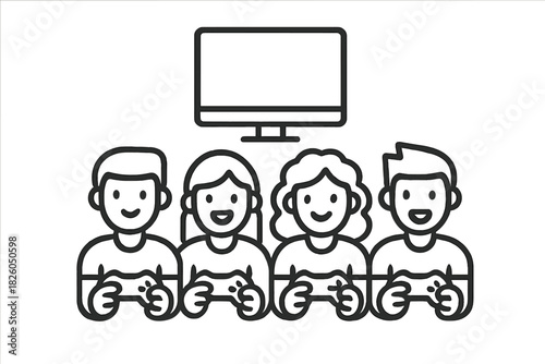 Four friends playing video games together using controllers and watching a screen