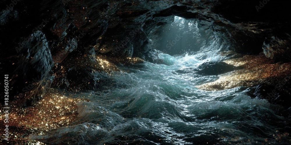 Fototapeta premium Dramatic Cave Interior with Flowing Water, Glimmering Reflections and a Natural Tunnel Opening
