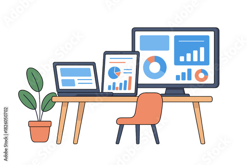 Modern workspace setup with multiple screens displaying business data analysis charts and graphs
