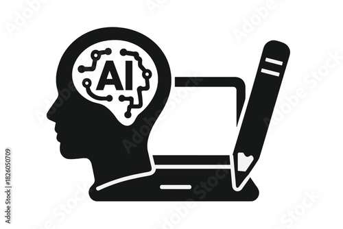 Human profile with neural network brain, computer, and digital drawing tool concept