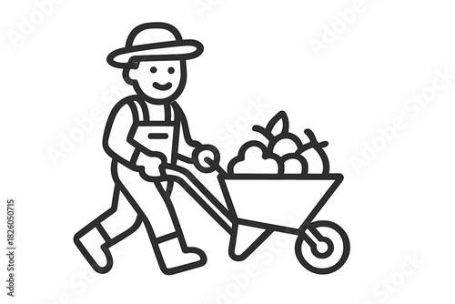 Smiling farmer in sun hat pushing wheelbarrow loaded with fresh fruits and vegetables