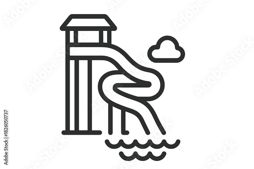 Tall winding water slide structure leading into a pool at an amusement park