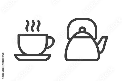 Minimalist line art drawing of a hot steaming cup of coffee or tea next to a classic stovetop kettle