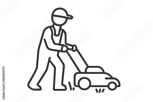 Professional groundskeeper cutting residential lawn with a push mower