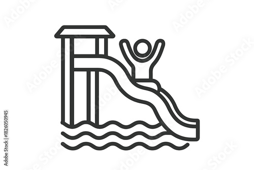 Person sliding down a tall water park slide structure and splashing into the pool