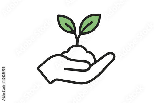A caring hand gently holds a mound of earth containing a young plant seedling