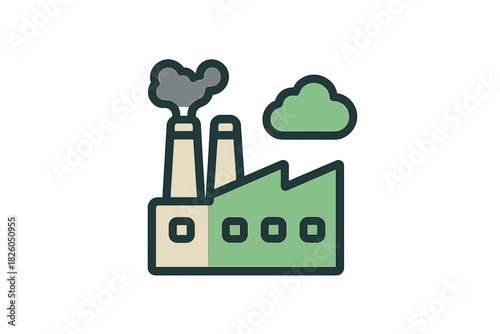 Industrial factory building with smokestacks emitting pollution into the atmosphere