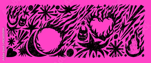 Punk rock doodles set background. Fire, burned heart, devils text boxes frames linocut composition. Scribble flames icons charcoal pattern set. Bonfire pencil background. Vector naive elements no bg.