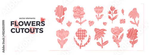 Flowers cutout pink set. Scrapbook naive floral elements. Pink collage daisy, poppy, tulip and wildflower shapes. Scrap doodles with handmade texture. Vector naive plants collages diy figures isolated