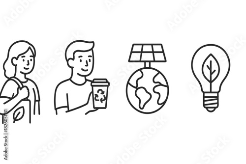 Ecology and sustainability symbols featuring recycling, solar energy, and reusable products