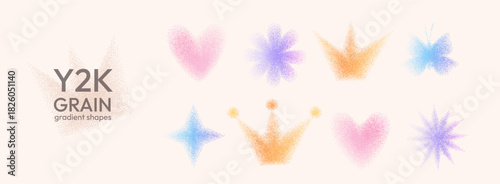 Y2K heart, butterfly noise gradient icons. Grain gradation flower, twinkle dot airbrush spray shapes. Designed for nostalgic and contemporary posters. Vector aesthetic figures with grunge groovy feel.