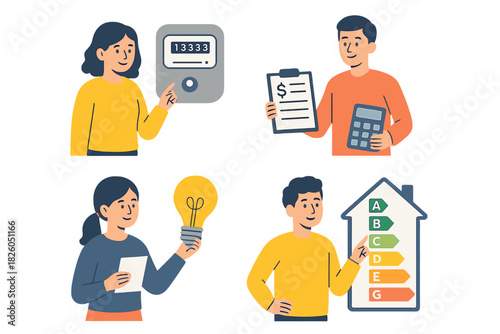 Energy saving and consumption management concepts with people checking meters and calculating bills