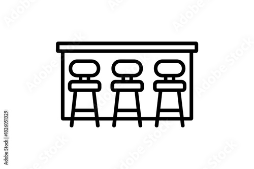 Simple black linear depiction of a bar counter setup and three tall bar stools