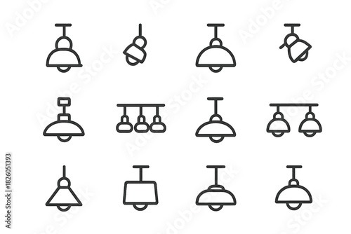 Minimalist outline drawings of various overhead lighting fixtures and pendant lamps