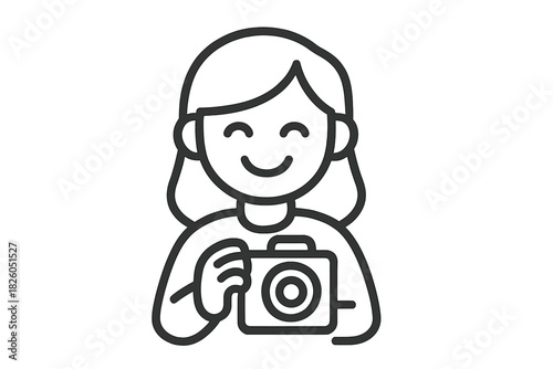 Smiling young woman holding a digital camera symbol for photography and media applications