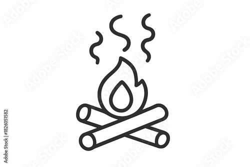 Simple black and white depiction of a burning campfire with stacked logs and smoke rising