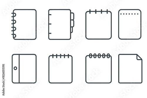 Outline icons representing various styles of notebooks, notepads, binders, and paper documents