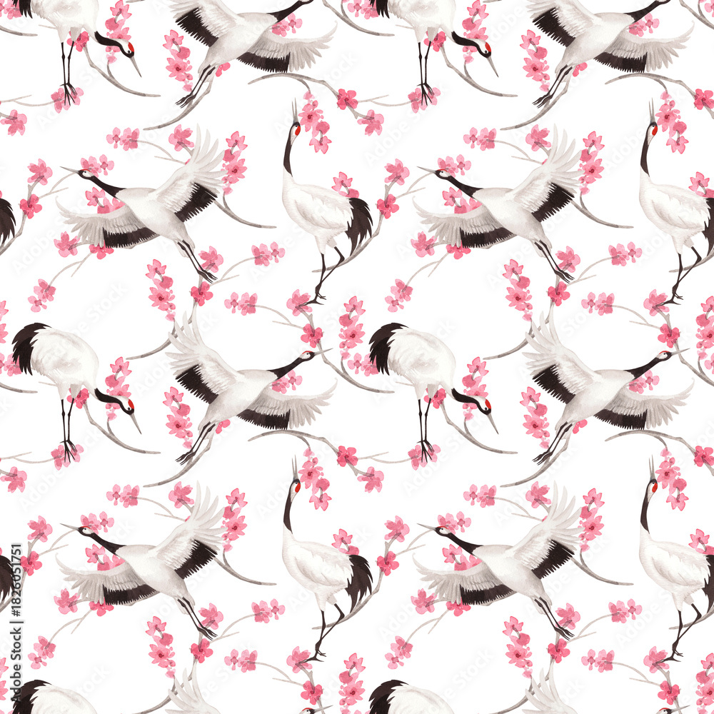 Obraz premium Seamless pattern of japanese cranes with the pink sakura branches on background. Watercolor handmade illustration. For fabric, wallpaper, greeting cards, design, decoration and illustration.