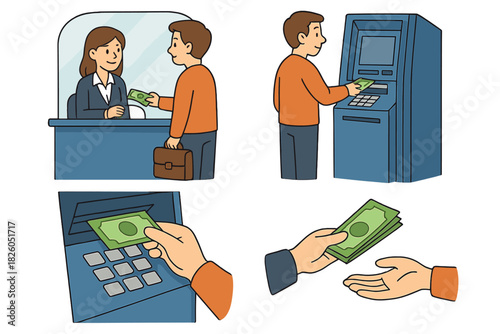 Financial transactions set showing bank teller interaction, ATM use, and cash exchange