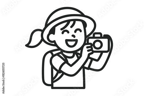 Smiling traveler taking a photo with a camera, wearing a sun hat and backpack