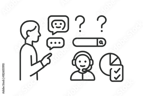 Customer service and support icons including chatbot, search, operator, and data analysis
