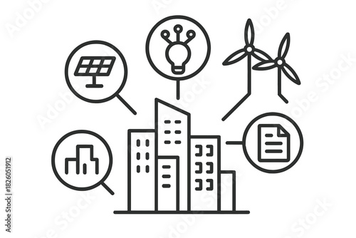Smart city infrastructure connecting renewable energy sources and digital technology