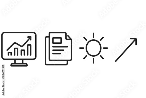 Outline icons for business data analysis reports showing growth documentation and positive outlook