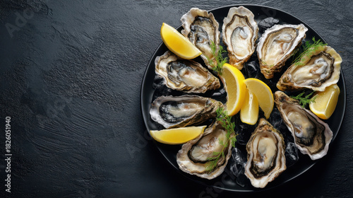 Fresh oysters on crushed ice with lemon wedges, an elegant presentation of seafood platter