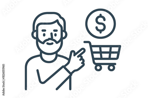 Customer pointing toward a shopping trolley and currency symbol for online commerce