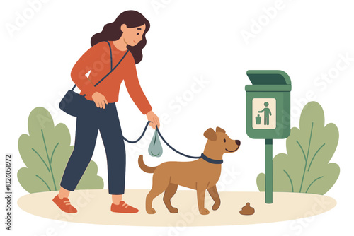 Responsible pet owner picking up dog waste using a bag near a public disposal bin