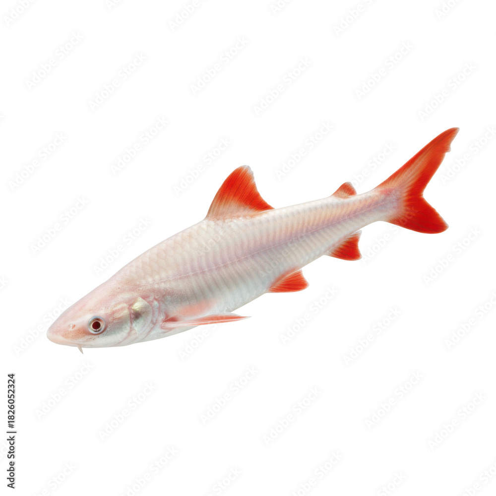 Obraz premium A striking albino sharkfin barb fish with vibrant red fins swims in isolation against a black
