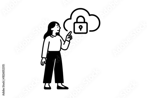 Person pointing at secure cloud storage protected by a digital padlock