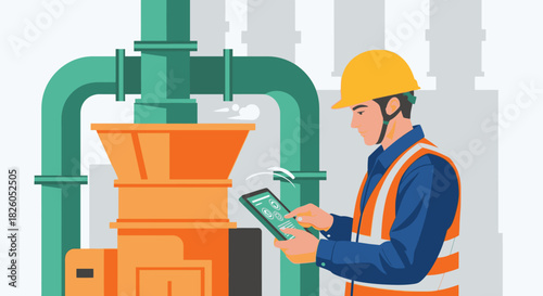 An industrial worker in safety gear inspects factory machinery, utilizing a digital tablet for modern maintenance and precise operational control.