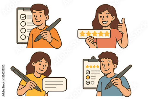 Happy customers providing five-star ratings and completing satisfaction surveys and feedback forms