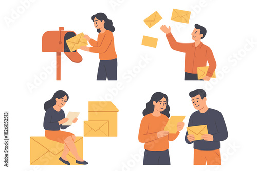 Set of scenes showing people interacting with mail, sending letters and reading messages