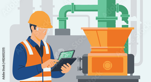 A skilled male technician wearing safety gear meticulously monitors industrial machinery using a digital tablet for efficient factory operations and maintenance.