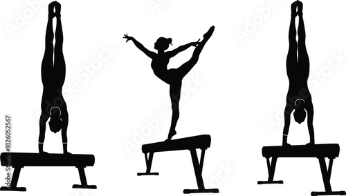 Black Silhouette Vector Set of Female Gymnasts on Balance Beam, Showing Balance, Strength, Flexibility, Sport, Fitness, Artistic Performance, and Athletic Skill.