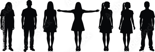 Black Silhouette Vector Set of Diverse Young Men and Women Standing and Posing, Representing Youth, Community, Unity, Identity, Casual Style, and Freedom of Expression.