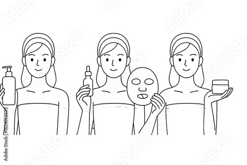 Women demonstrating a beauty routine holding various cosmetic products like serum, mask, and cream