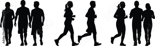 Black Silhouette Vector Set of People Walking, Running, and Jogging, Representing Fitness, Active Lifestyle, Exercise, Wellness, Health, Movement, and Outdoor Activity.