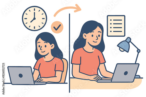Working woman improving time management and productivity workflow comparison